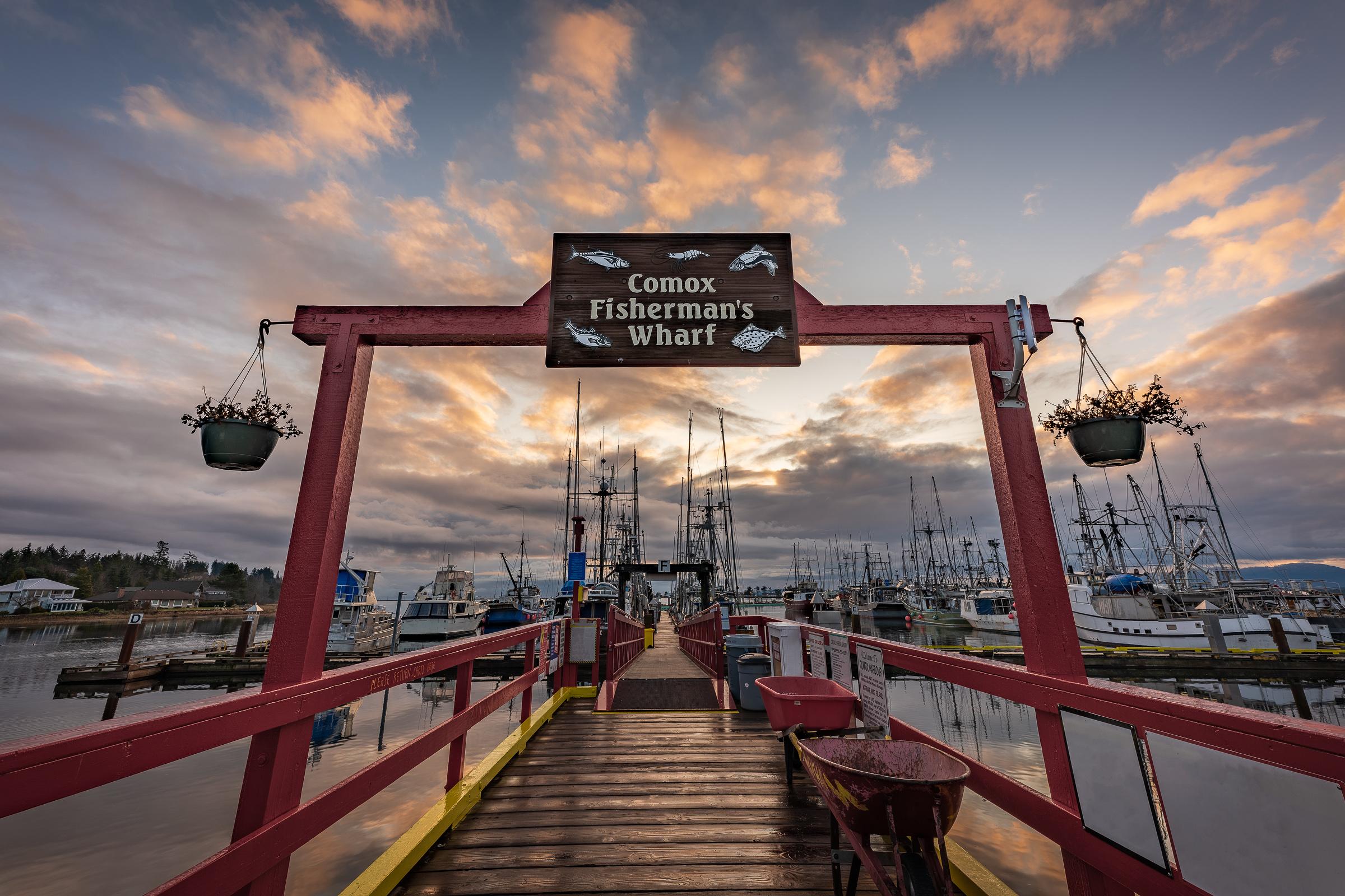 Comox Fisherman's Wharf wall art showing a wet wharf deck reflecting morning light after a rainy night, Comox Harbour, BC, by James Wheeler.