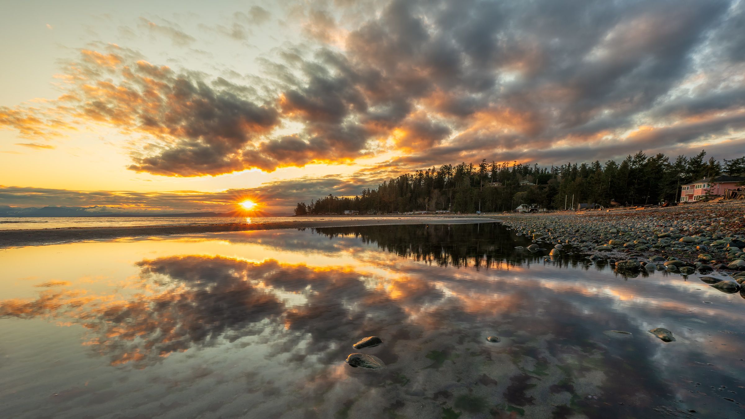 Kye Bay wall art showing sunrise reflected in a low-tide pool at Kye Bay, Comox Valley, Vancouver Island, BC, fine art print by James Wheeler.