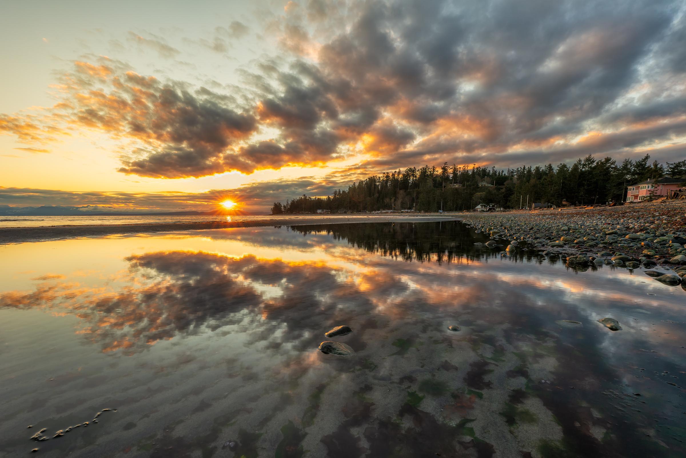 Kye Bay wall art showing sunrise reflected in a low-tide pool at Kye Bay, Comox Valley, Vancouver Island, BC, fine art print by James Wheeler.