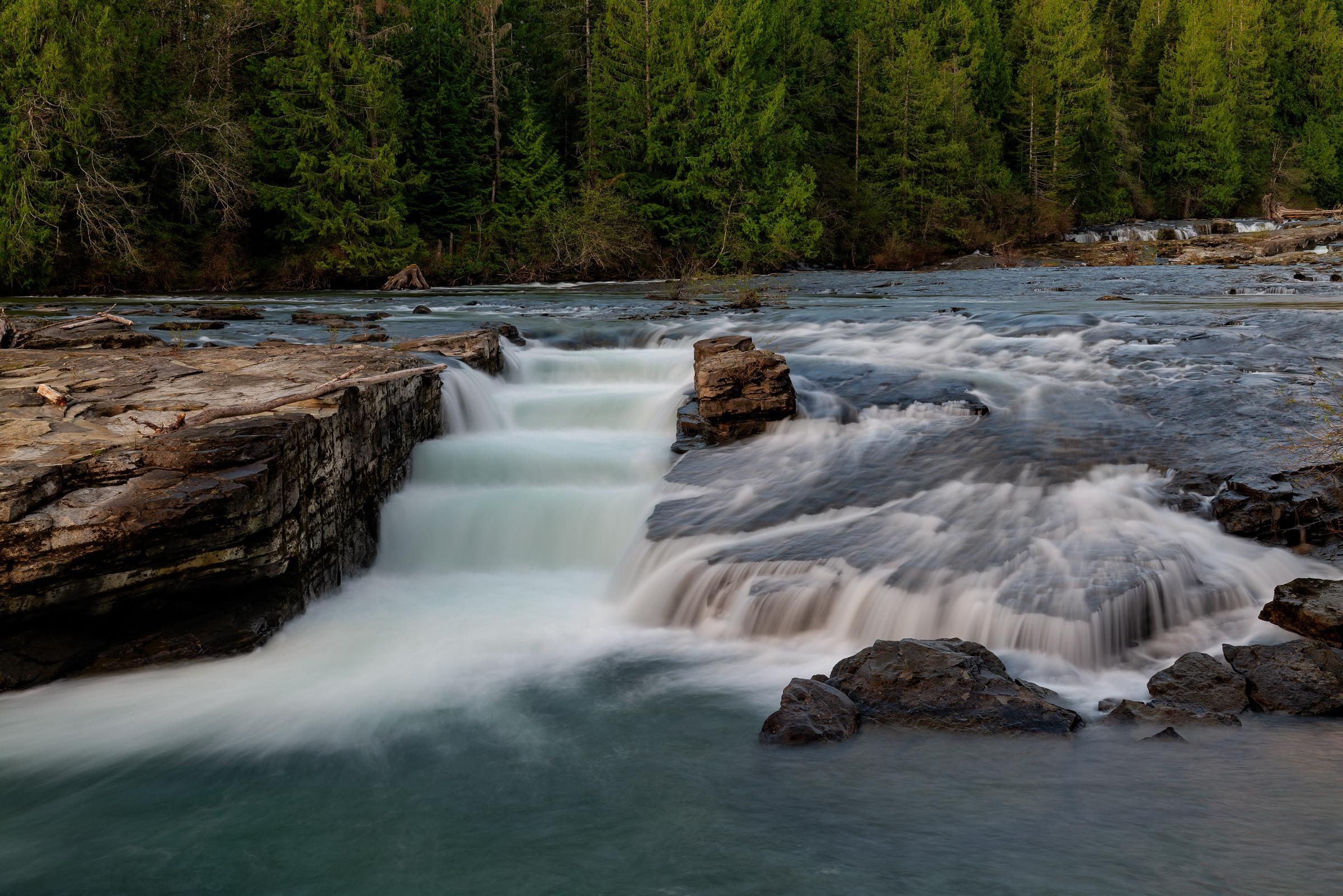 Nymph Falls wall art showing the fish ladder on the Puntledge River at dawn, long-exposure water near Courtenay, BC, by James Wheeler.
